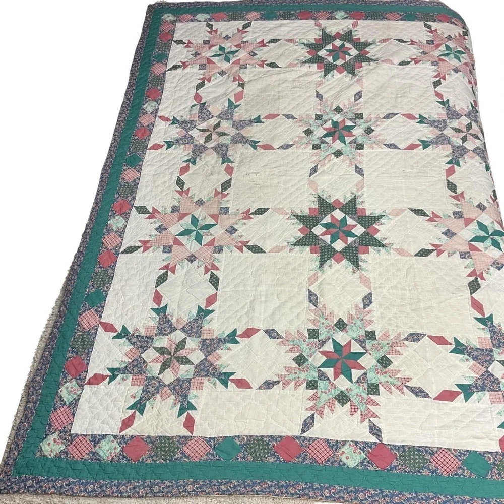 Vintage Hand Quilted Star Quilt 64x82 Labeled Patchwork American Cottage Bedding